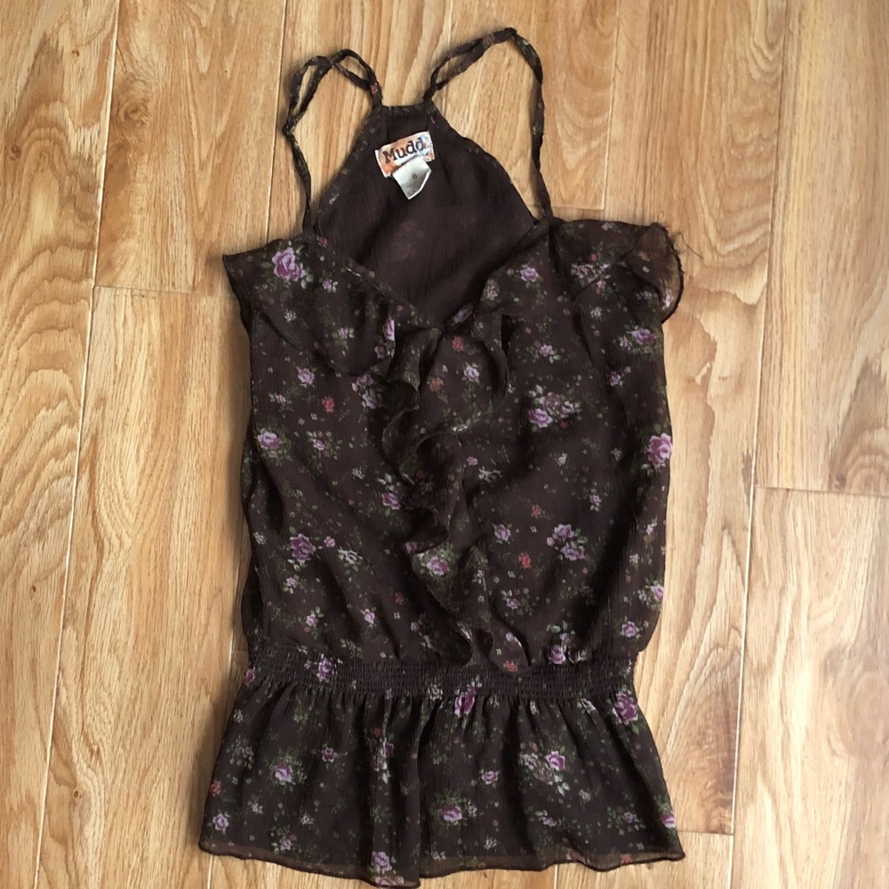 ❣️(2/$6) Light & Airy Brown Ruffle & Floral Blouse